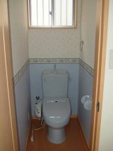 奈良県高市郡木造新築トイレ実例、２色色分けクロス、ブルー便器